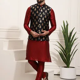 SOJANYA Mandarin Collar Kurta With Churidar & Printed Nehru jacket-picture-24