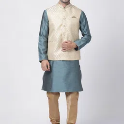 VASTRAMAY Men Blue Kurta with Churidar & Nehru Jacket-46