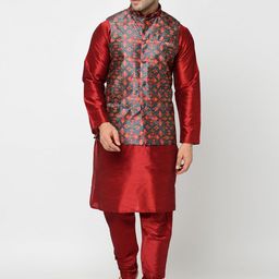 Kaifoo Men Maroon & Blue Layered Kurta with Churidar & Nehru Coat-94