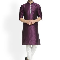 Kaifoo Men Purple & White Solid Silk Blend Kurta Set-picture-12