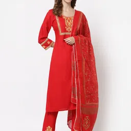 YELLOW CLOUD Women Red Yoke Design Layered Kurta with Trousers & With Dupatta-4