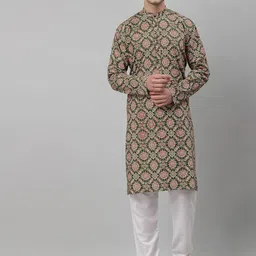 NEUDIS Men Green Floral Printed Pure Cotton Kurta with Pyjamas-image-22