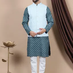 Anouk Green Ethnic Motifs Printed Straight Pure Cotton Kurta with Churidar & Nehru Jacket-image-23