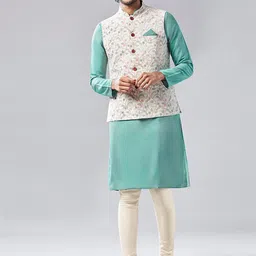 KISAH Men Mandarin Collar Regular Pure Cotton Kurta with Churidar & Printed Nehru jacket-image-43