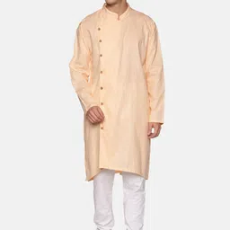 Sethukrishna Men Peach-Coloured Angrakha Pure Cotton Kurta with Churidar-image-2