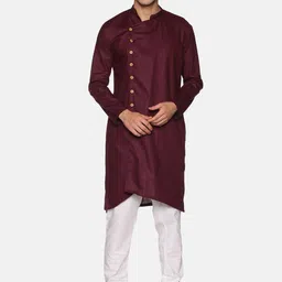 Sethukrishna Men Maroon Solid Angrakha Pure Cotton Kurta with Churidar-41