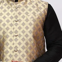 MAG Mandarin Collar Regular Dupion Silk Kurta with Churidar & Nehru jacket image 2