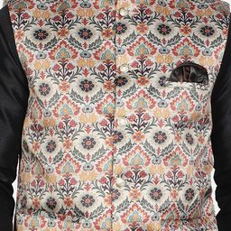 Armaan Ethnic Mandarin Collar Dupion Silk Kurta with Churidar And Printed Nehru Jacket image 2