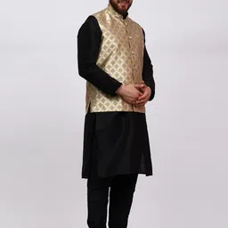 MAG Mandarin Collar Regular Dupion Silk Kurta with Churidar & Nehru jacket image 3
