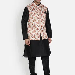 Armaan Ethnic Mandarin Collar Dupion Silk Kurta with Churidar And Printed Nehru Jacket image 3