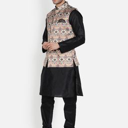 Armaan Ethnic Mandarin Collar Dupion Silk Kurta with Churidar And Printed Nehru Jacket image 4