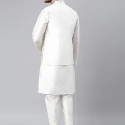 Hangup Men White & Gold-Coloured Regular Dupion Silk Kurta with Churidar & Nehru Jacket image 4