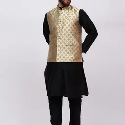 MAG Mandarin Collar Regular Dupion Silk Kurta with Churidar & Nehru jacket image 5
