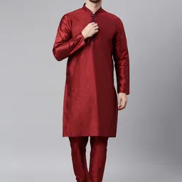 Hangup Men Maroon Regular Dupion Silk Kurta with Churidar image 4