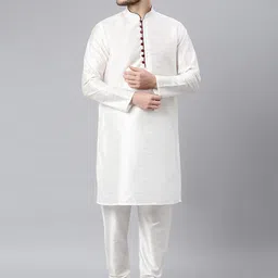 Hangup Men White & Gold-Coloured Regular Dupion Silk Kurta with Churidar & Nehru Jacket image 5