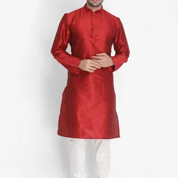 VASTRAMAY Mandarin Collar Long Sleeves Straight Kurta With Churidar-image-91