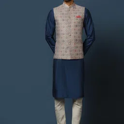 KISAH Mandarin Collar Regular Kurta with Churidar & Printed Nehru Jacket-11
