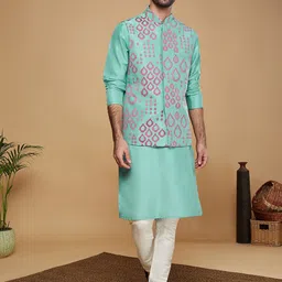 KISAH Geometric Embroidered Mandarin Collar Dupion Silk Kurta with Churidar & Nehru jacket-18