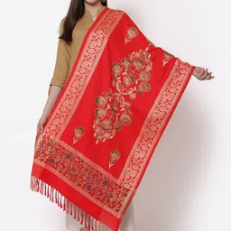 KLOTTHE Women Red & Gold-Toned Embroidered Woollen Stole-picture-2
