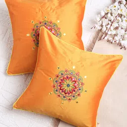 SAKA DESIGNS Mustard & Red Set of 2 Embroidered Square Cushion Covers-25