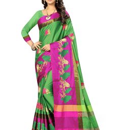 KALINI Green & Magenta Ethnic Motifs Embroidered Silk Cotton Chanderi Saree-image-91