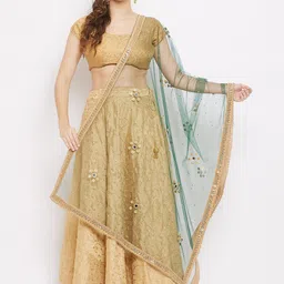 Clora Creation Green & Gold-Toned Ethnic Motifs Embroidered Dupatta with Beads and Stones-49