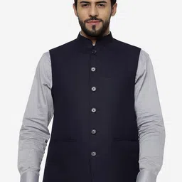JADE BLUE Mandarin Collar Woollen Nehru Jacket-22