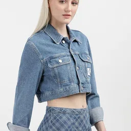 Calvin Klein Jeans Women Checked Crop Denim Jacket with Embroidered-picture-15