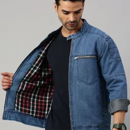 VOXATI Men Checked Denim Jacket with Embroidered-image-5