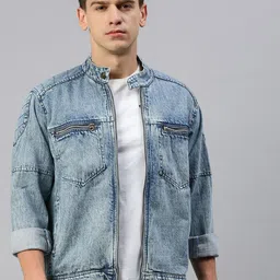 VOXATI Washed Mandarin Collar Denim Jacket-16