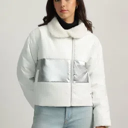 ELLE Women Colourblocked Puffer Jacket with Embroidered-image-10
