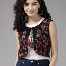 BAESD Floral Self Design Embroidered Crop Cotton Tailored Jacket-0