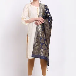 SOUNDARYA Navy Blue & Gold-Toned Ethnic Motifs Zari Woven Design Dupatta-46