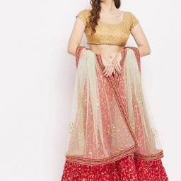 Clora Creation Beige & Red Ethnic Motifs Embroidered Net Dupatta with Beads and Stones image 4