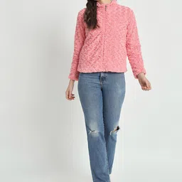 RAER Self Design Mock Collar Lightweight Crop Tailored Jacket with Embroidered image 2