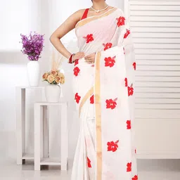 PuJoy Floral Embroidered Pure Cotton Taant Saree-24