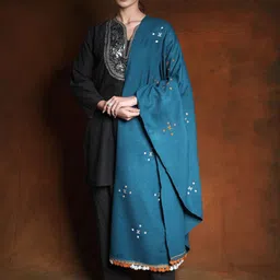 Exotic India Geometric Embroidered Mirror Work Woollen Shawl-image-30