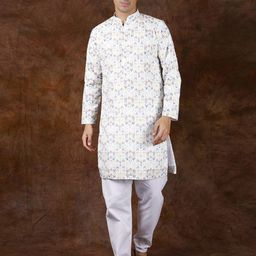Exotic India Geometric Printed Mandarin Collar Pure Cotton Straight Kurta with Pyjamas-image-9