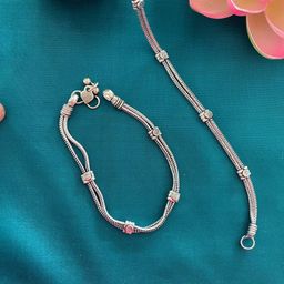 Digital Dress Room Set Of 2 Silver-Toned & Plated Nazarbattu Kolusu Oxidized Anklets image 2
