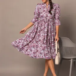 Meeranshi Ethnic Motifs Print Tie-Up Neck Bell Sleeve A-Line Midi Dress-image-12