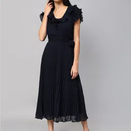Amagyaa V-Neck Flutter Sleeve Ruffled Accordion Pleated Fit & Flare Midi Dress-picture-12