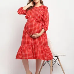 Moms Maternity Checked Puff Sleeve Crepe Maternity Fit & Flare Midi Dress-image-95