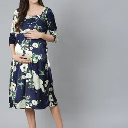 AKS Floral Printed Puff Sleeves Satin Maternity Satin Fit & Flare Midi Dress-image-65