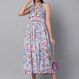 Justin Whyte Floral Printed Halter Neck Gathered or Pleated Chiffon Fit & Flare Midi Dress-image-39