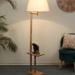 tu casa Cross-leg Off White Cotton and Acrylic Shade Shelf Floor Lamp With Mango wood Base-picture-9