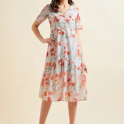 PANIT Grey & Orange Floral Printed V-Neck Georgette A-Line Dress-image-24