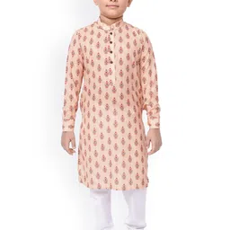 NAMASKAR Boys Peach-Coloured Printed Pure Cotton Kurta with Churidar-4