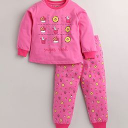 Eieio Girls Pink Printed Pure Cotton Night Suit-picture-11