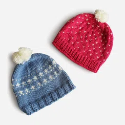 Woonie Unisex Kids Pink & Blue Set Of 2 Woven Design Beanies-19