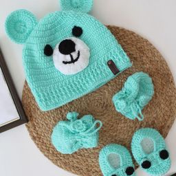 Woonie Infants Self Design Acrylic Beanie Cap With Booties & Mittens-16